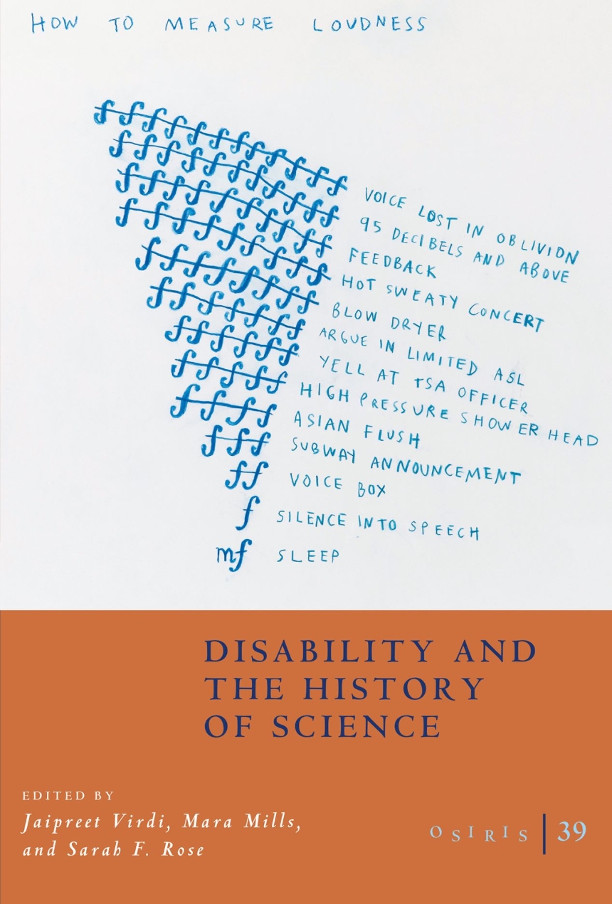 A two tone book cover. The bottom half is brown with the editors' names printed in white. The top half is light blue, featuring an artwork by Christine Sun Kim titled How to Measure Loudness. In this artwork, Kim recreates the decibel scale or loudness scale with a scale of idiosyncratic sounds, written in blue charcoal in uneven lettering. For instance hot sweaty concert is higher up the scale than subway announcement.